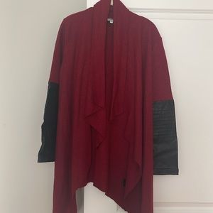 Deep red waterfall cardigan with faux leather half sleeves